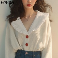 เสื้อสวมหัวผู้หญิง VONDA เสื้อสเวตเตอร์แฟชั่นอัดจีบแนวสาวสไตล์แขนยาวแต่งระบายขอบแต่งระบาย (ลายดอกไม้