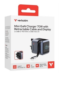 旺角門市發售 [原裝行貨] Verbatim mini Gan charge 70w with Retractable cable and display 2 * usb-c pd 70w 1*usb