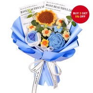 Crochet Floral Bouquet, Knitted Blue Sunflower Rose Daisy Bouquet For Mothers Fathers Day Graduation