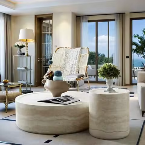 DIGGERA Coffee Table for Living Room Circle Coffee Table Faux Marble Coffee Table Modern Drum Center