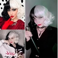 CRUELLA Deville De Vil Black White With Bangs Short Bob Heat Resistant Hair Wig Cosplay Halloween Co