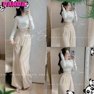 (Panda-S) Set Bộ Áo Trắng Ôm Tay dài Phối Quần Dài Ống Rộng Lưng cao Nhúng Eo Xếp Ly Phong Cách Đơn