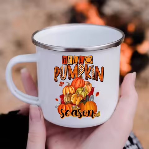 Thanksgiving Coffee Cups Hello Pumpkin Season Print Enamel Mug Fall Party Wine Juice Cups Hot Cocoa