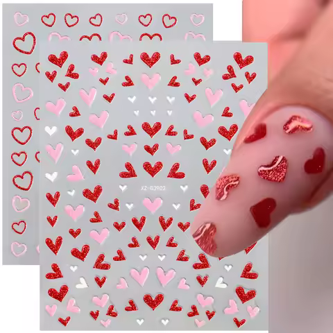 1PC 5D Pink/Red Love Heart Nail Sticker Glitter Shiny Heart Valentine's Day Nail Decal 8*10cm Kawaii