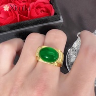 ♥Original Gold-Plated Green Jade Full Diamond Domineering Men's Ring Agate Vintage Jewelry silver 92