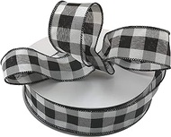 Buffalo Check Black White Ribbon - 1 1/2" x 50 Yards, Wired Edge Plaid Christmas Ribbon, Wreath, Farmhouse Decor, Garland, Presents, Gift Basket, Wrapping, Ribbons for Crafts
