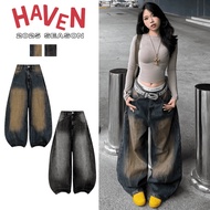 Haven Studio men's and women's BRACTURE effect curved-leg jeans in dirty yellow and black wash