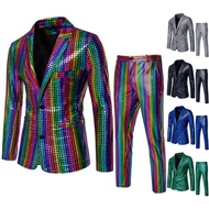 Men’s 2 Pieces Disco Costume Jacket Pants Outfit Set Adult 70s Shiny Metallic Sequin Halloween Cospl