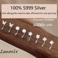 【100% S999 Silver Earrings】1 Pair Hook Daily Basic Hoop CZ Circle Piercing Women Men Anti Allergy He