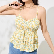 Lovito Casual Tank Top Ditsy Floral Ruffle Hem Double Layer Tank Top for Women L109MD848