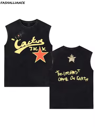 100% Cotton Oversized Tank Tops Washed Hip Hop Gothic Vintage Men cactus jack Sleeveless T Shirt loo