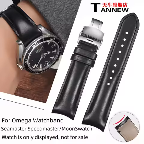 Curved End Leather Strap for Omega MoonSwatch Seamaster Speedmaster 20mm Release Genuine Leather Ban