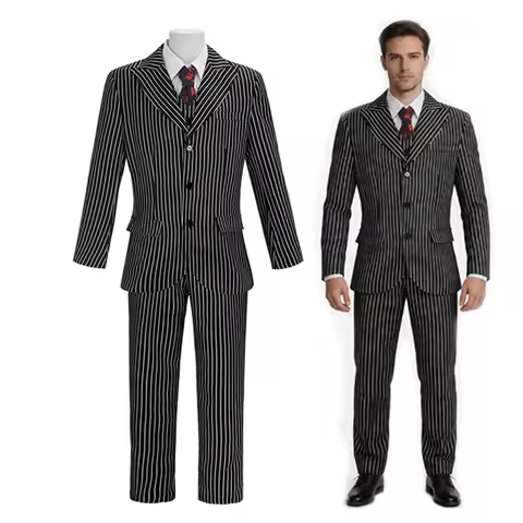 Men's Gomez Addams 1920s Gangster Costume Pinstripe Suit Blazer Jacket Pants Shirt Set Tie Halloween