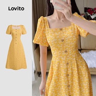 Boho Dress Button Pleated Spring/summer Yellow Dress for Women L137ED633