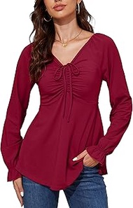 Long Sleeve T Shirt Women Cute Babydoll V Neck Top Empire Waist Ruched Front Tie Peplum Tunic Dressy