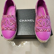 Chanel毛呢拼接皮革雙C Logo草編鞋