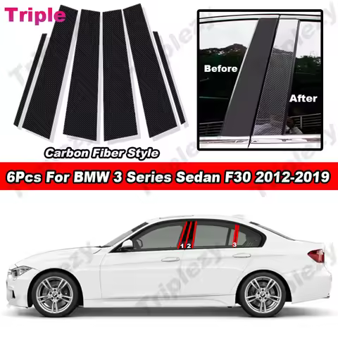 6x Carbon Fiber PC Material Car Door Window Center BC Pillar Post Column Cover Mirror Effect Trim Fo