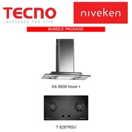 (HOOD + HOB) Tecno KA 9808 High Line Glass Chimney Cooker Hood + Tecno T 928TRSV (90cm) 2-Burner Tempered Glass Cooker H