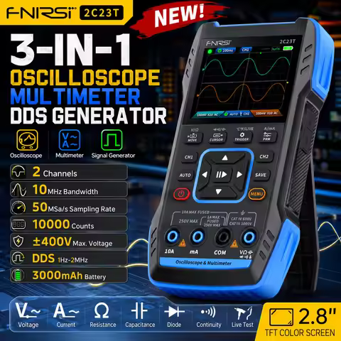 FNIRSI 2C23T 3IN1 Oscilloscope Multimeter DDS Signal Generator Dual Channel 10MHz 50MS/s 10K Counts 