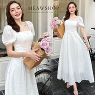พร้อมส่ง S-XL เดรสยาว ฉลุ คอเหลี่ยม แขนตุ๊กตา เดรสสีขาว เดรสขาว ชุดทำบุญ ชุดงานบุญ ชุดงานบวช ชุดขาว 
