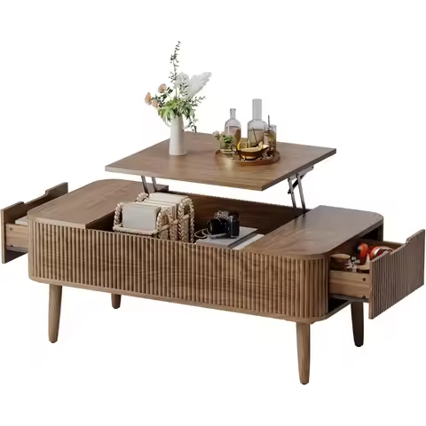 47.2” Modern Coffee Table Wooden Fluted Lift Top Coffee Table with Hidden Compartment, Mid Century M