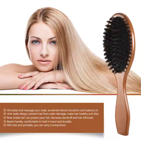 Natural Boar Hair Brush Comb Oval Anti-static Paddle Hair Extension Brush Scalp Massage Beech Wooden