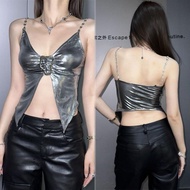 Metallic Color Crop Top With A Cut-Out Waist Detail To Help Make Your Figure Look Slimmer. y2k Spagh