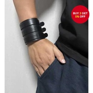 Black PU Leather Trio Bracelet Set Adjustable Unisex Punk Rock Fashion