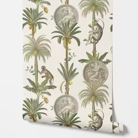 Kids Jungle Animals Wallpaper with Lemurs and Palm Trees in Forest, Cartoon Animal Wall paper Jungle