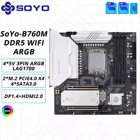 SOYO B760M D5 WiFi DDR5 LGA 1700 Intel B760 M-ATX Motherboard 2* M.2 PCIe 4.0 Type-C WiFi6 ARGB USB3