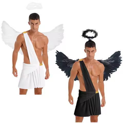 Men's Angel Cosplay Costume Halloween Theme Party Role Play Sets Ruffle Skirts with Angel Wings and