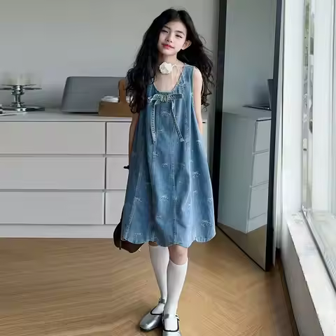 5-14Years Teens Girls Sleeveless Denim Dress Children Summer Tank Dress Clothing Kids Soft Jean Dres