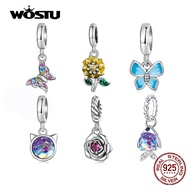 WOSTU Sunflower Charms Beads Real 925 Sterling Silver Butterfly Rose Pendent Fit Original DIY Bracel