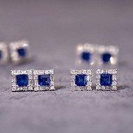 【WhiteKuo】18K金60分公主方天然藍寶石鑽石耳環