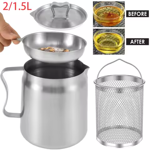Oil Filter Pot Stainless Steel Oil Strainer Pot with Fine Mesh Strainer Fry Basket 2L Oil Storage Ca