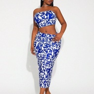 1pc Plus Size Women's Sexy Blue & White Printed Bandeau Crop Top And Printed Bodycon Mini Skirt 2-Pi