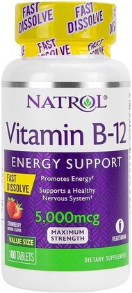 วิตามินบี12 แบบอม รสสตอเบอรี่ สูตรดูดซึมไว ขนาด 100 เม็ด  Natrol Vitamin B-12 5000 mcg 100 Tablets | Vitamin B12