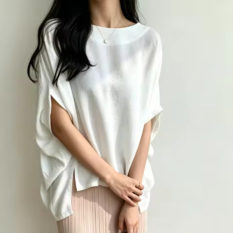 Karofi Loose Batwing Sleeve Blouse Women Elegant Boat Neck Split Tunic Tops Casual Oversized Lightwe