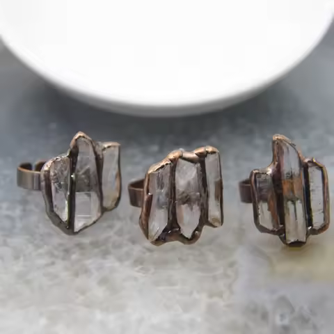 Vintage Natural White Quartz Ring,Clear Crystal Points Stick Antique Brass Edge Open Adjustable Ring