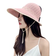 Topi Pantai Bulat Jerami Rajut Wanita Aksen Bunga Pita/topi pantai wanita kekinian/Topi Musim Panas