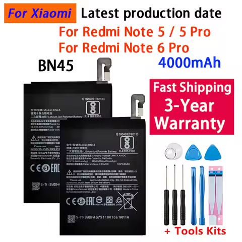 100% Phone Battery for Xiaomi Redmi Note 5 Note5 Note 6 Pro BN45 4000mAh Replacement Batteries Fast 
