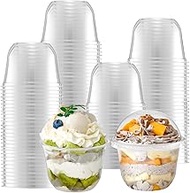 Rainmae 100 Pack Disposable Clear Plastic Cups with Dome Lids, 300ml/10oz Crystal PET Dessert Cups f