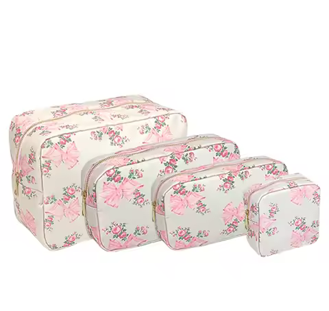 New S M L XL Pink Blue Printed Bow Cosmetic Bag Waterproof Ladies Storage Nylon Large Capacity Trave