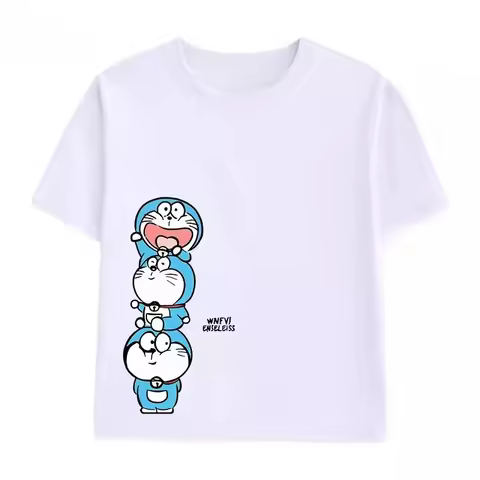 Potdemiel Summer New Doraemon Print Children's Pure Cotton T-Shirt, Comfortable and Breathable T-Shi