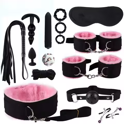 Genuine Leather Couples Bondage Kit with Handcuffs Collar Gag Vibrators BDSM Adult Game Set for Wome
