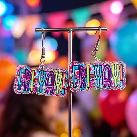 New "FRI-YAY!"acrylic earrings. Thank goodness it's Friday today. Stainless steel hooks. Fun Friday&