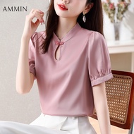 AMMIN Summer Chinese style cheongsam short sleeve pure cotton shirt womens new simple round neck fashion vintage disc button-down sweet puffed sleeves elegant blouse