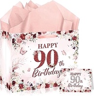 MOIZYNG 90th Birthday Gift Bag with Greeting Card and Tissue Paper Elegant Vintage Floral Design for