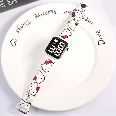 Sanrio Hello Kitty Cartoon Printed Button LED Electric Watch Teenager Fashion Personality Stitch Pri