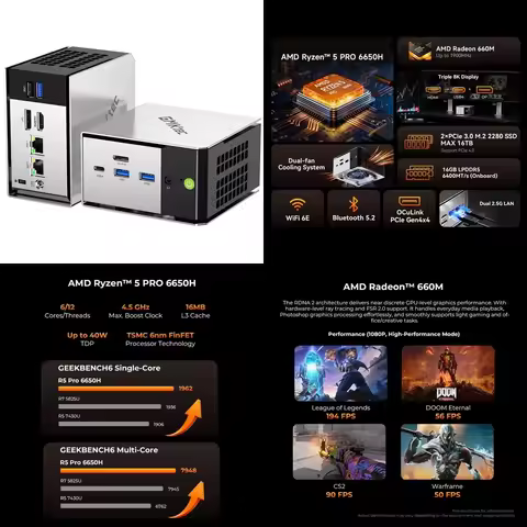 GMKtec M8 for AMD R5 Pro 6650H Mini PC 6 Core 12 Thread 16GB LPDDR5 1TB SSD Gaming Computer Portable